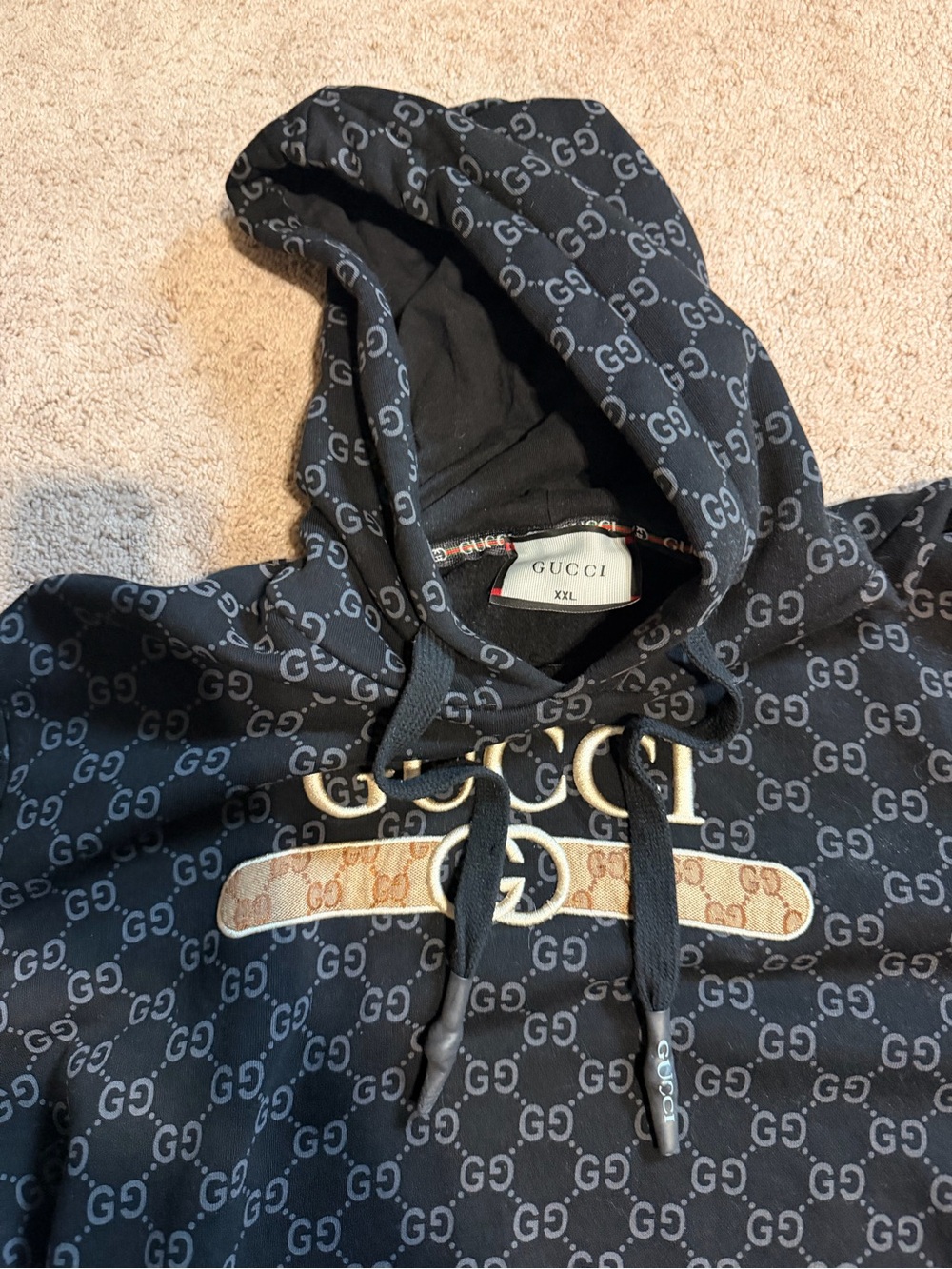 Gucci Navy Allover GG Logo Hooded Sweatshirt